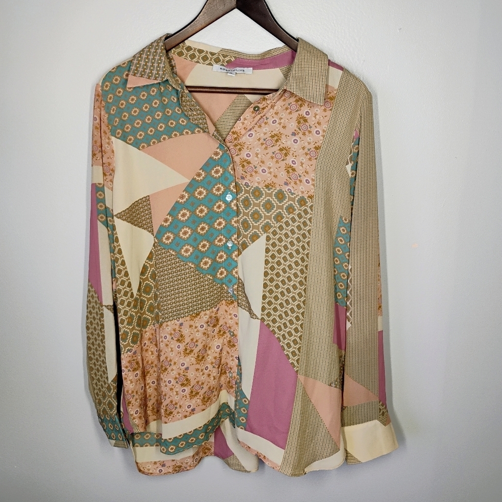 Rose & Olive Patchwork Quilt Button Up Top Womens XL Boho Grandmacore Retroโ